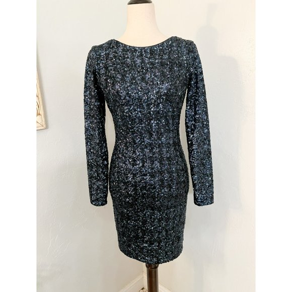 Dress the Population Sequin Mini Dress Long Sleeve Open Back Prom Formal Medium - Picture 1 of 9